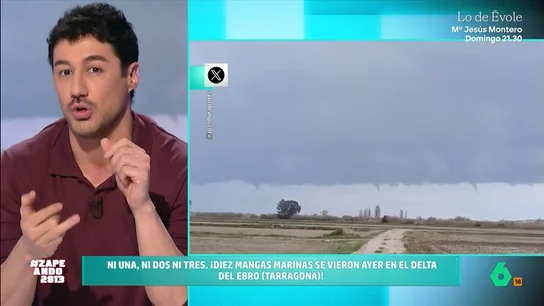 Francisco Cacho explica qué son las mangas marinas, un fenómeno visto en el Delta del Ebro, Tarragona Este fenómeno se da cuando hay dos masas de aire chocando. "El poder de succión de la borrasca hace que el aire cálido y húmedo empiece a ascender", explica el meteorólogo de laSexta.