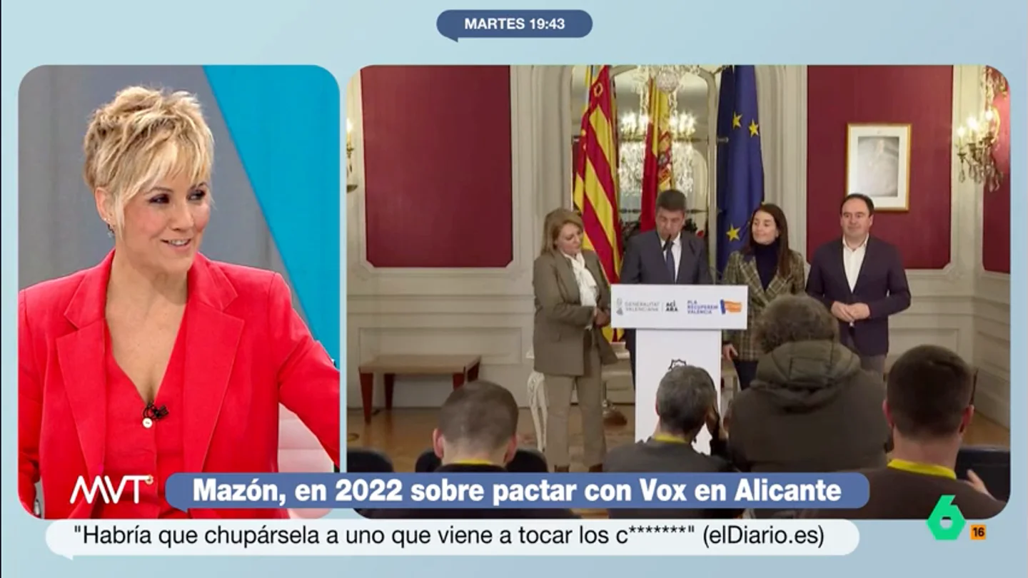 Cristina Pardo responde a Carlos Mazón tras hablar de "chupársela a uno de Vox" En una conversación en 2022, Mazón se mostraba convencido de lograr mayoría absoluta en Alicante o "en el peor de los casos, tener que chupársela a uno de Vox". Una afirmación que cobra vigencia tras el pacto anunciado ayer.
