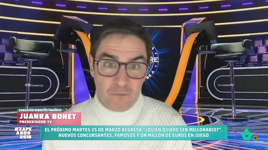 Juanra Bonet da las claves de '¿Quién quiere ser millonario?': "El famoso se pone más nervioso y el anónimo abre más su corazón" Juanra Bonet analiza en Zapeando qué nos depara la nueva temporada de '¿Quién quiere ser millonario?', que de nuevo contará con concursantes famosos y otros anónimos. Así lo explica en este vídeo.