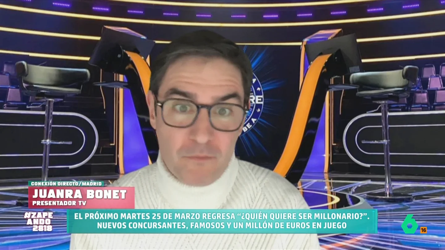 Juanra Bonet da las claves de '¿Quién quiere ser millonario?': "El famoso se pone más nervioso y el anónimo abre más su corazón" Juanra Bonet analiza en Zapeando qué nos depara la nueva temporada de '¿Quién quiere ser millonario?', que de nuevo contará con concursantes famosos y otros anónimos. Así lo explica en este vídeo.
