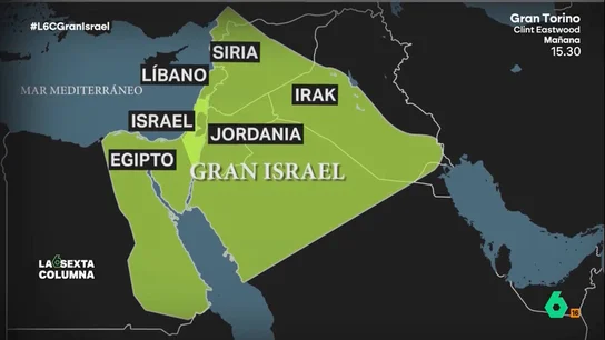 El 'Gran Israel', o la 'promesa de Dios' con la que el Gobierno de Netanyahu justifica ocupar territorios por la fuerza laSexta Columna analiza en este vídeo en qué consiste la teoría del 'Gran Israel', cimentada en la Torá y defendida por miembros del Gobierno de Israel que comprendería parte de Egipto, Jordania, Irak, Siria o Líbano.