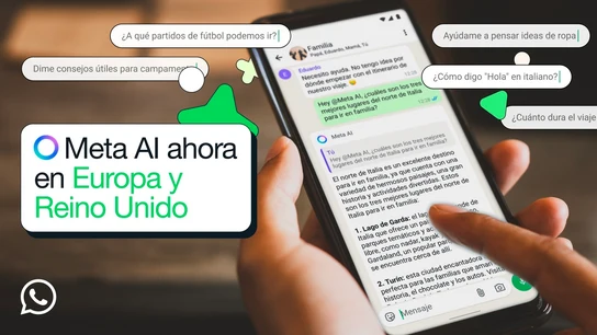 Así funciona el círculo azul de Meta AI en WhatssApp. Imagen que anuncia la llegada de Meta AI a Europa y muestra cómo funciona el círculo azul de Meta AI en WhatssApp.
