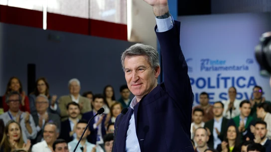 El presidente del PP, Alberto Núñez Feijóo durante la clausura la Interparlamentaria del PP, este domingo en Sevilla. El presidente del PP, Alberto Núñez Feijóo durante la clausura la Interparlamentaria del PP, este domingo en Sevilla.