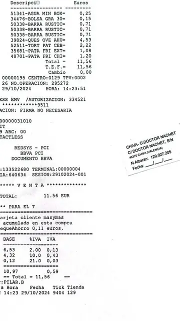 Ticket de compra de los bomberos desplazados al barranco del Poyo el día de la DANA. Ticket de compra de los bomberos desplazados al barranco del Poyo el día de la DANA.