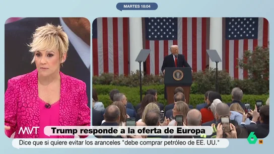 Cristina Pardo, tajante sobre Donald Trump: "Da la sensación de que es más un chantajista que un negociador" "Trump te dice todo lo que tienes que hacer sin oportunidad de que sea un toma y daca", comenta Cristina Pardo tras ver la respuesta del presidente de Estados Unidos a la oferta de la UE de aranceles cero a cero en productos industriales.