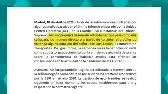 Air Europa se desvincula del 'caso Koldo' y amenaza con acciones legales contra "falsedades o interpretaciones malintencionadas" Air Europa se desvincula del 'caso Koldo' y amenaza con acciones legales contra "falsedades o interpretaciones malintencionadas"