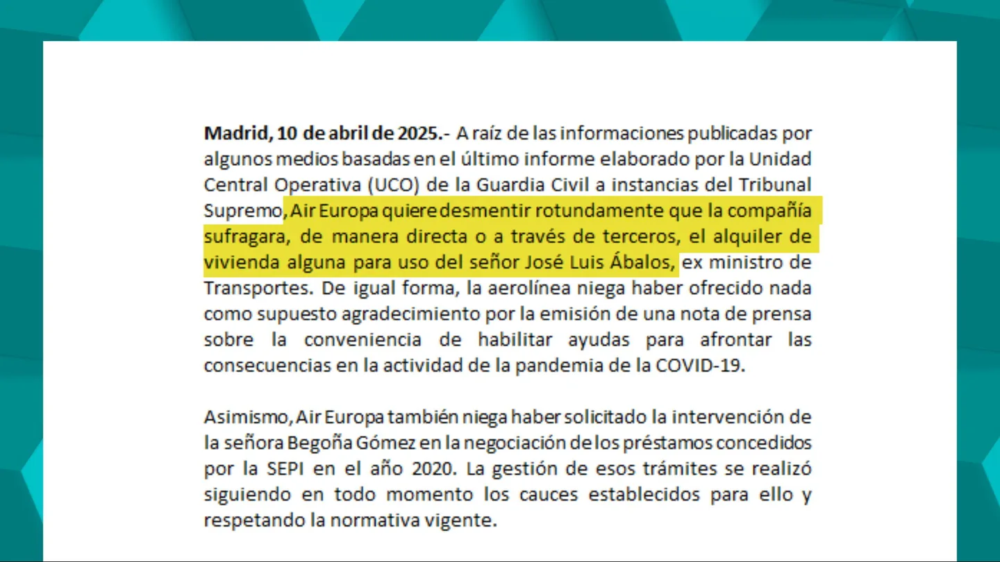 Air Europa se desvincula del 'caso Koldo' y amenaza con acciones legales contra "falsedades o interpretaciones malintencionadas" Air Europa se desvincula del 'caso Koldo' y amenaza con acciones legales contra "falsedades o interpretaciones malintencionadas"
