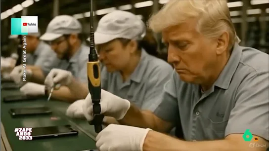 China responde a los aranceles de EEUU con memes, IA y "bastante cachondeo": así sería Trump en la cadena de montaje China responde a los aranceles de Trump también con memes generados por inteligencia artificial, donde se puede ver a estadounidenses, incluidos Trump, Musk y Vance, trabajando para producir lo que consumen.