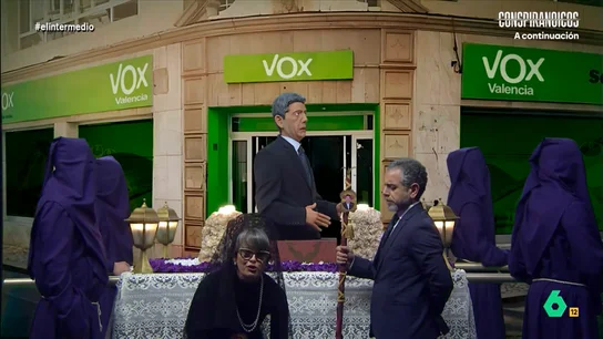 El paso del 'Santísimo Mazón' visita la sede de Vox: "Un partido que, aunque no hace milagros, lo ha resucitado" La 'Hermandad del Santo Tardeo Valenciano' llega hasta la sede del partido de ultraderecha para cumplir con los santos sacramentos: "Bautismos, comunión, confirmación y bajada de pantalón ante Vox".