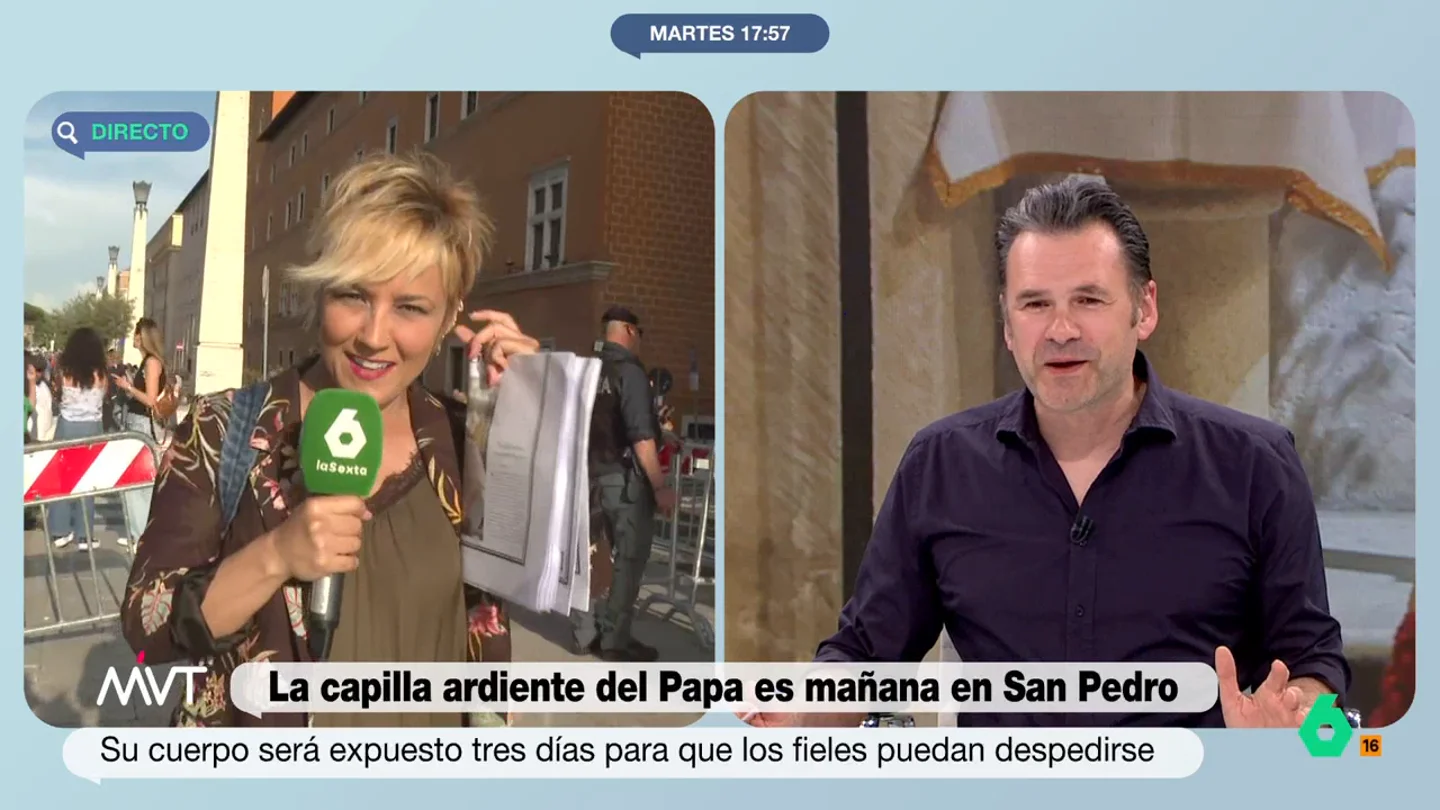 Cristina Pardo, sorprendida con el volumen de cuerpos de seguridad en El Vaticano: "Mucha policía, poca diversión" La periodista, que está en la Ciudad del Vaticano, cuenta como se han multiplicado las medidas de seguridad para poder acceder a la plaza de San Pedro. Como explica, los agentes están revisando los bolsos y mochilas de la gente.