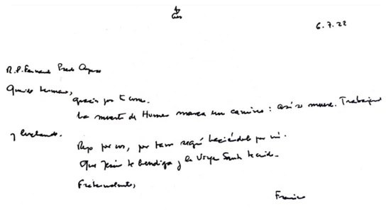 laSexta accede a una carta manuscrita del papa: "Así se muere, luchando y trabajando" Carta escrita por el papa Francisco