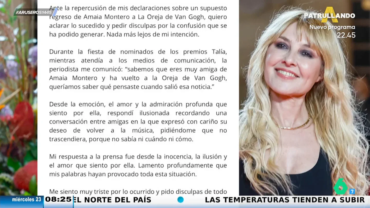 Cayetana Guillén Cuervo pide perdón tras filtrar por error la vuelta de Amaia Montero a La Oreja de Van Gogh Cayetana Guillén Cuervo pide perdón tras filtrar por error la vuelta de Amaia Montero a La Oreja de Van Gogh