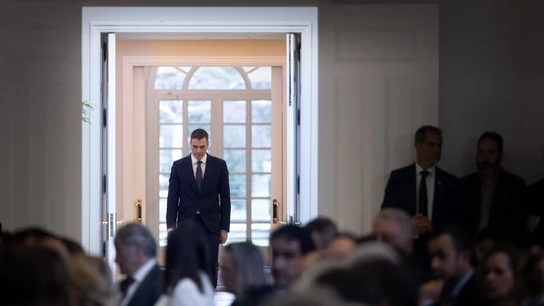 El presidente del Gobierno, Pedro Sánchez, a su llegada a una rueda de prensa, en el Complejo de La Moncloa El presidente del Gobierno, Pedro Sánchez, a su llegada a una rueda de prensa, en el Complejo de La Moncloa