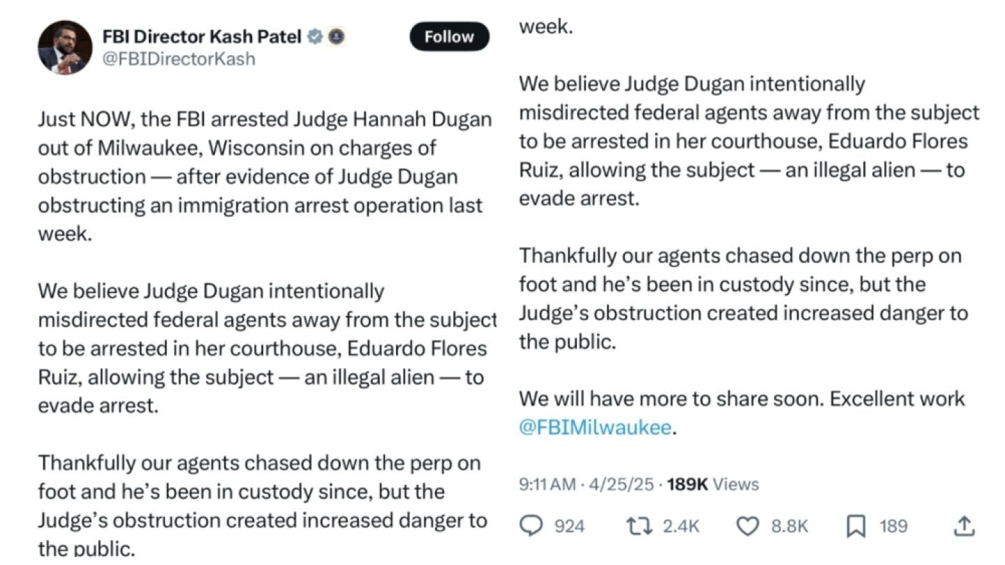 El FBI detiene a una jueza por obstruir la detención de un migrante