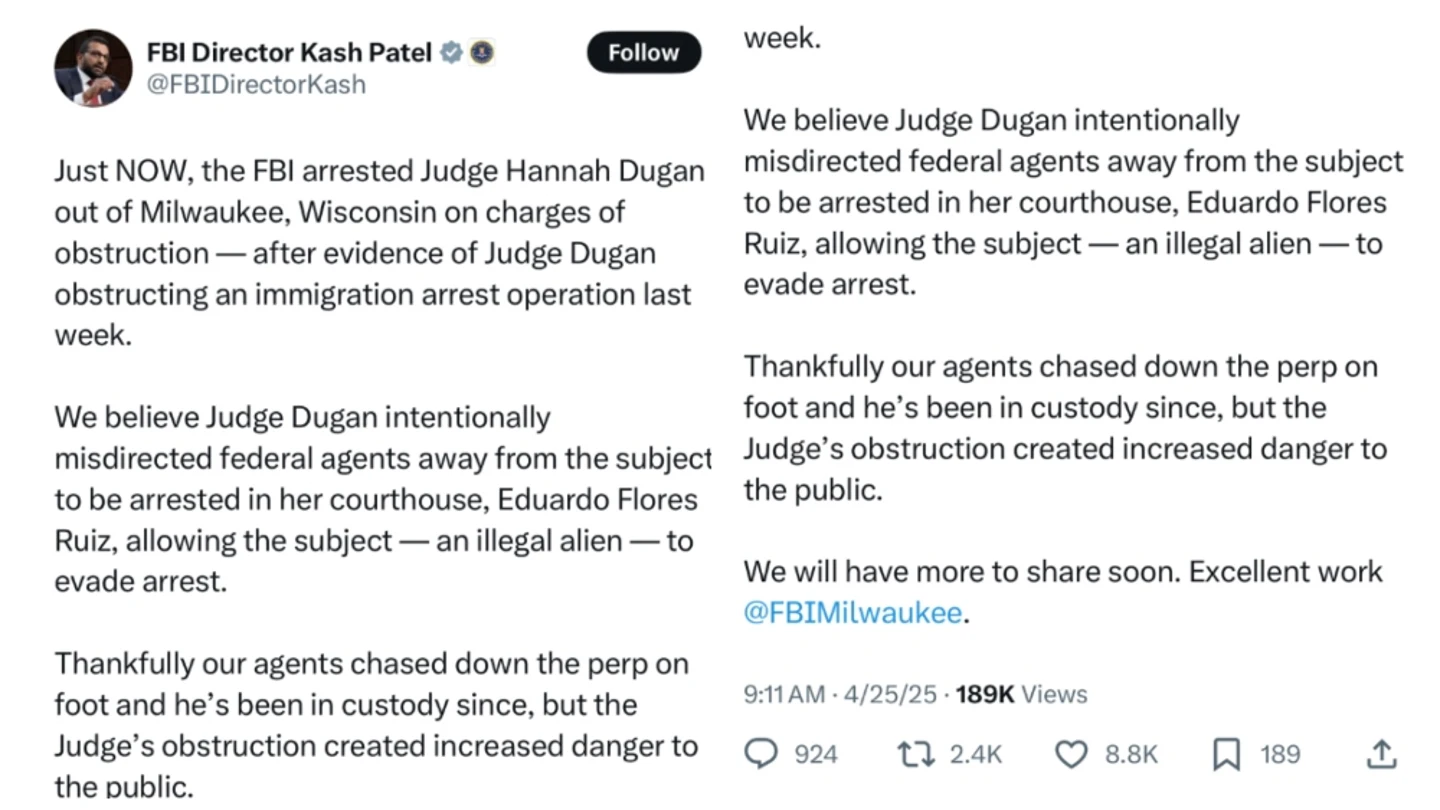 El FBI detiene a una jueza por obstruir la detención de un migrante El FBI detiene a una jueza por obstruir la detención de un migrante