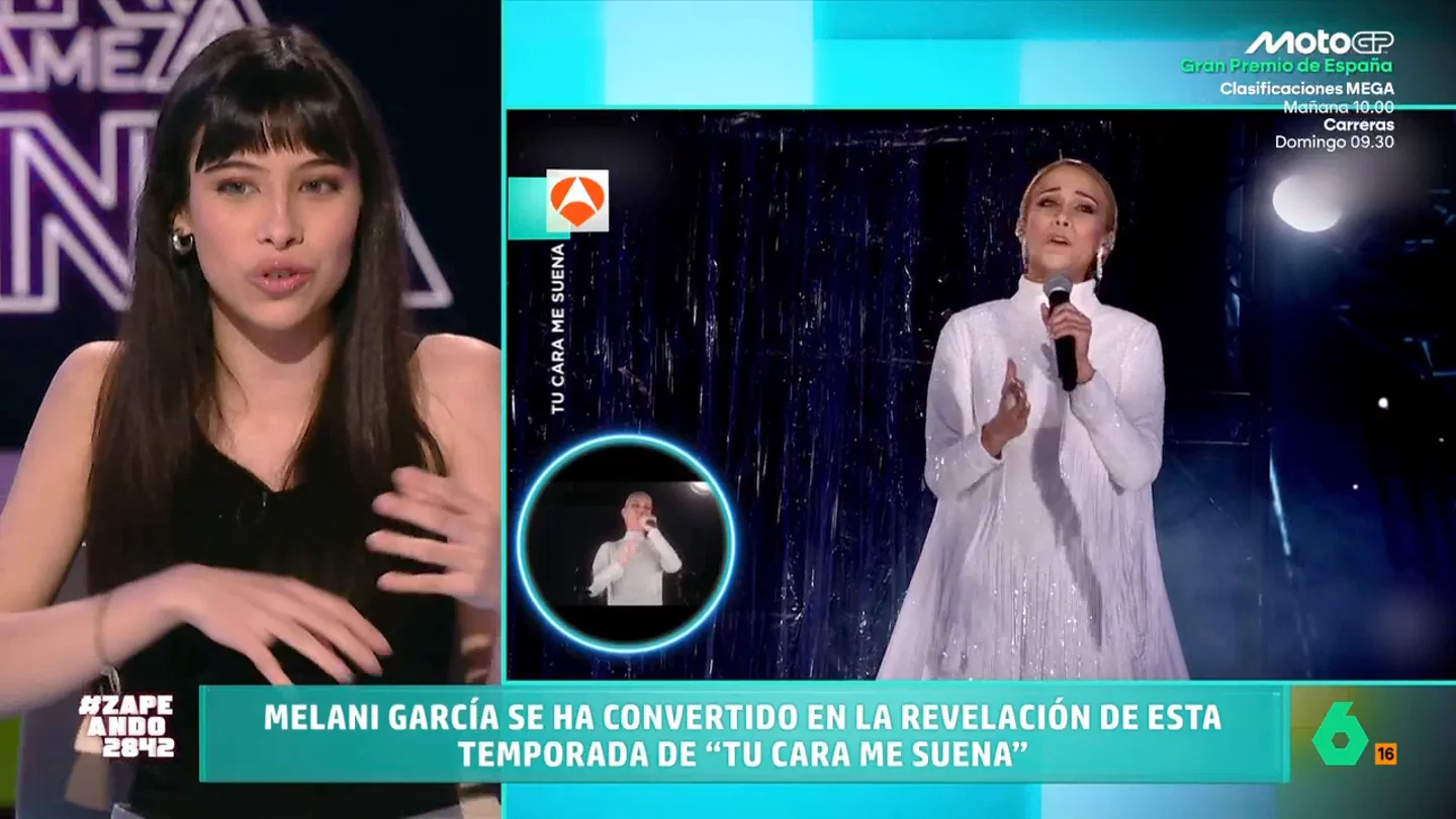 Melani cuenta cómo está siendo su paso por 'Tu cara me suena': "Estoy descubriendo voces que no sabía que tenía" La joven artista se ha estrenado en el concurso de Antena 3 imitando la emblemática actuación de Céline Dion en la gala de apertura de los Juegos Olímpicos. Además, también se ha puesto en la piel de Sabrina Carpenter.