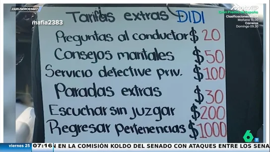 Las sorprendentes "tarifas extra" de un conductor de VTC: "Consejos maritales, 50 pesos; escuchar sin juzgar, 200 pesos" Las sorprendentes "tarifas extra" de un conductor de VTC: "Consejos maritales, 50 pesos; escuchar sin juzgar, 200 pesos"