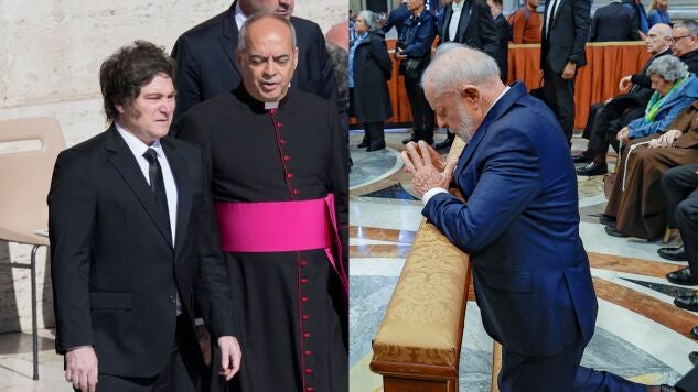Javier Milei llegando al funeral del papa y Lula da Silva rezando ante el ata&uacute;d del papa Francisco