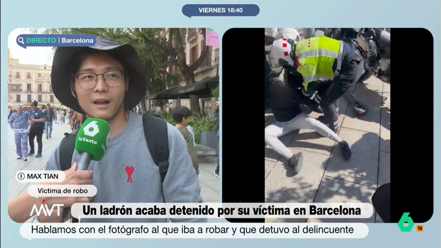 Max Tian retuvo a un ladrón con un mataleón en Barcelona: "Este año me han intentado robar cuatro veces" El ladrón, que montaba un patinete, intentó llevarse las cámaras del turista. Max decidió retener al ladrón utilizando esta conocida técnica que puede hacer perder el conocimiento en pocos segundos por la falta de aire.