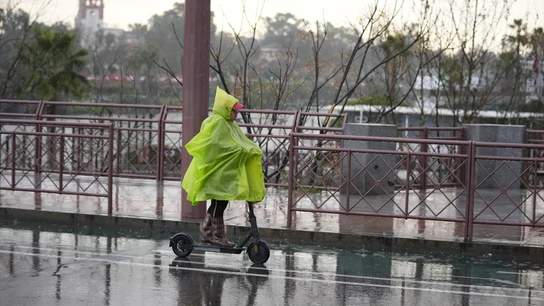 Una persona desafía a la lluvia en patinete por el centro de Sevilla. Una persona desafía a la lluvia en patinete por el centro de Sevilla.