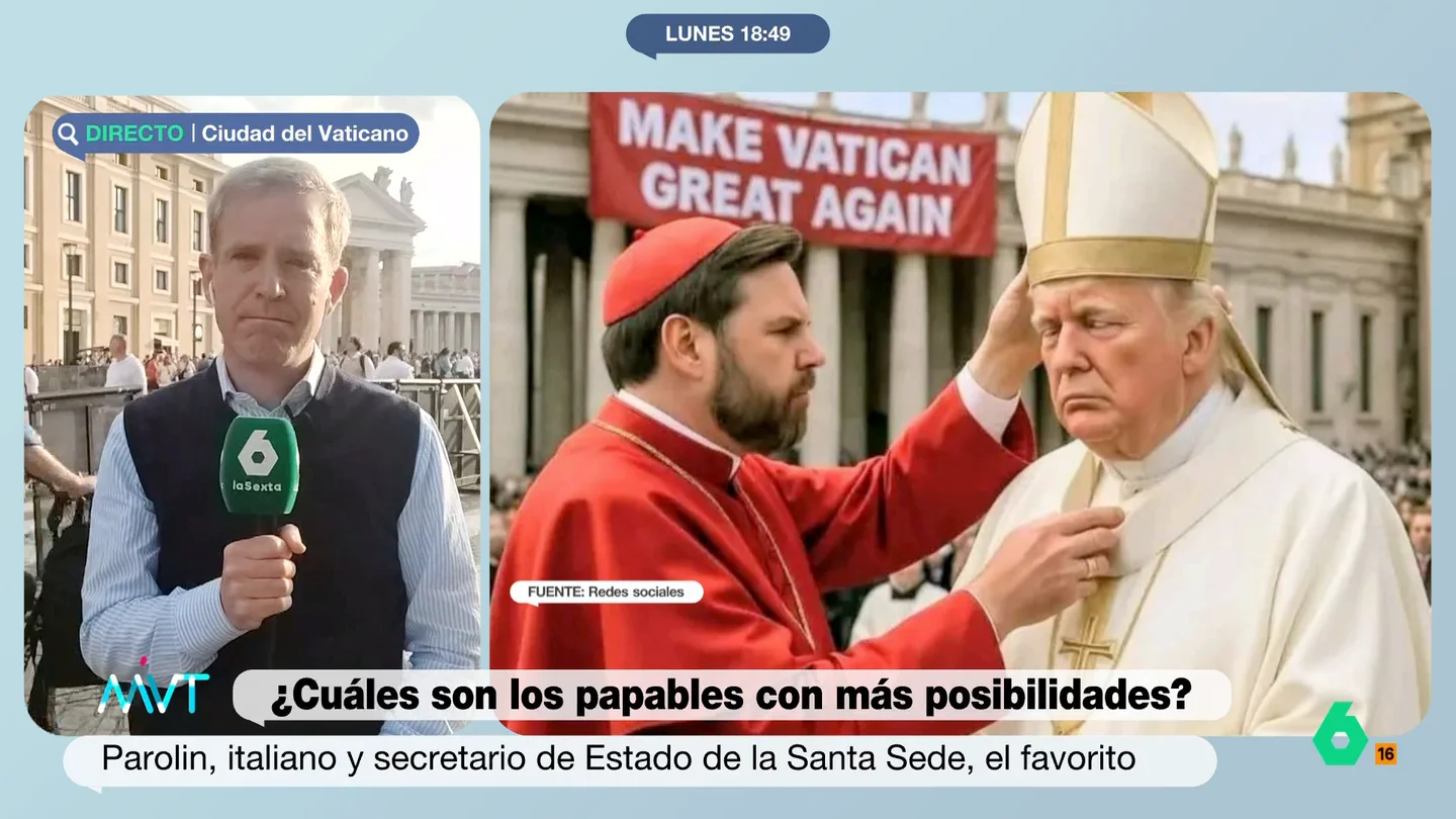 Javier Martínez-Brocal, sobre la foto de Trump como papa: "En el Vaticano ha fastidiado, no era el momento" El corresponsal indica que hay miedo de que el presidente estadounidense "intente poner un papa que sea de su cuerda". Martínez-Brocal además señala que hay movimientos de presión entre los cardenales cercanos a Trump.