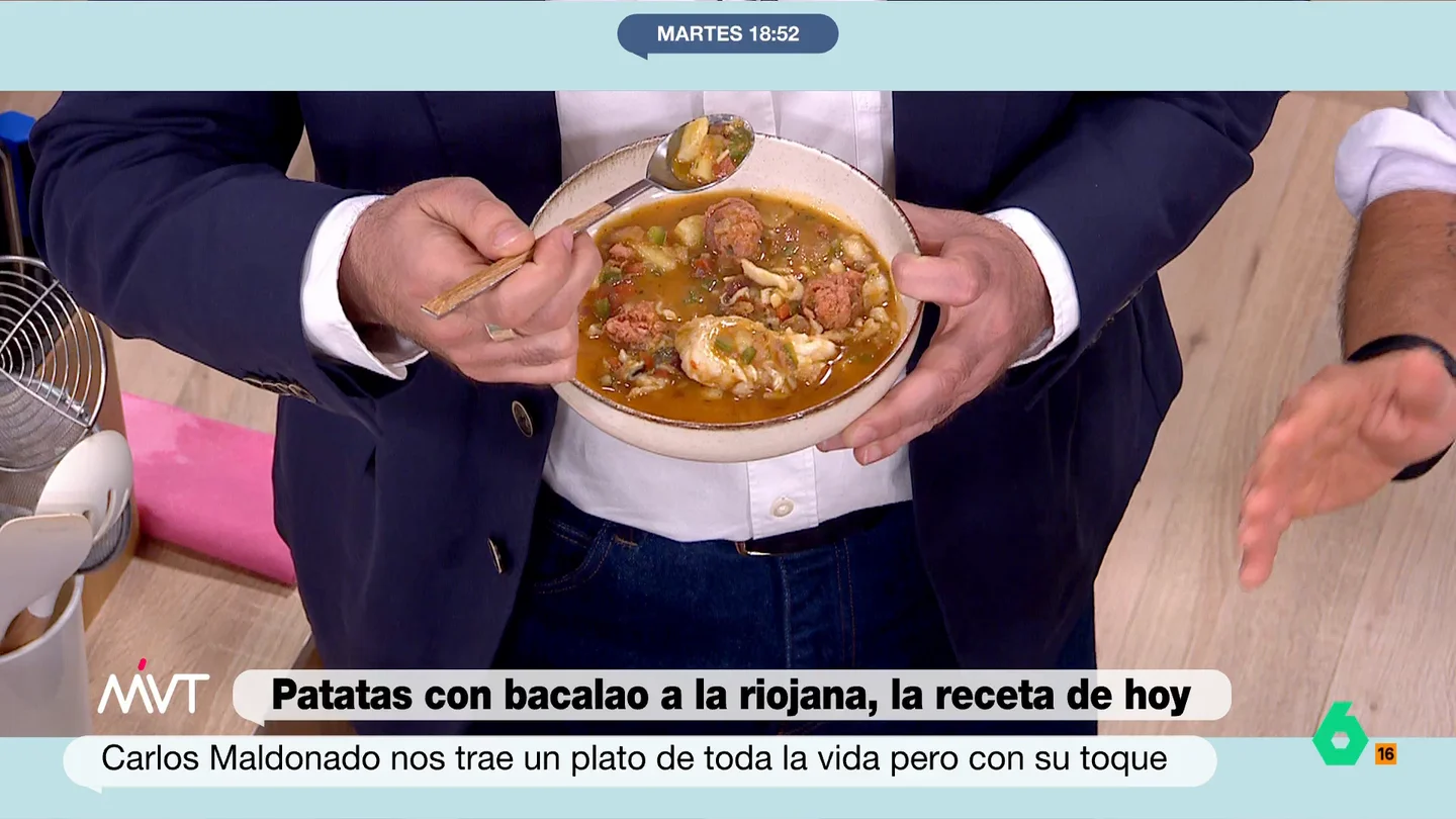 La receta perfecta de patatas con bacalao a la riojana del chef Carlos Maldonado El cocinero Carlos Maldonado vuelve al plató de Más Vale Tarde para enseñarnos a cocinar como un verdadero chef estrella Michelin. Descubre esta y otras recetas y trucos de cocina en el programa de laSexta.