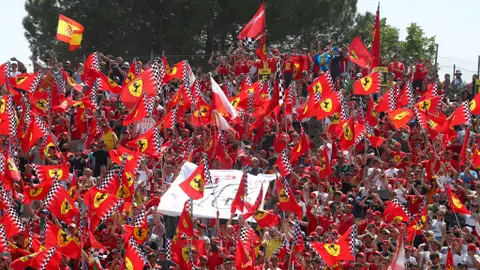 Los fans de Ferrari muestran banderas de la escudería italiana en el Autodromo Enzo e Dino Ferrari Los fans de Ferrari muestran banderas de la escudería italiana en el Autodromo Enzo e Dino Ferrari