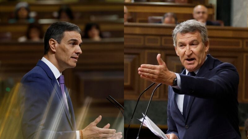 Pedro Sánchez y Alberto Núñez Feijóo en sendas imágenes en el Congreso