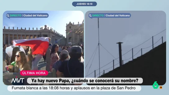 Unas jovenes españolas, desde el Vaticano: "Han gritado en el bus 'Habemus papam' y hemos venido corriendo" Los asistentes han comenzado a gritar de júbilo al ver salir la fumata blanca desde la chimenea del Vaticano. Cristina explica que, además, la gente han comenzado a correr hacia la parte más adelantada de la plaza de San Pedro.