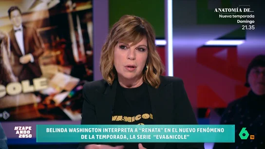 Belinda Washington, sobre sus vivencias en la Marbella de los 80: "Había una cosa glamurosa, pero también siniestra" Belinda Washington habla en Zapeando de 'Eva & Nicole', la serie en la que participa y que se estrena esta noche en Antena 3. En ella, interpreta al "Sancho Panza" de Belén Rueda: "Si tengo que cargarme a alguien, no tengo escrúpulos".