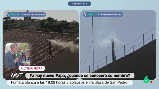 El divertido momento que ha vivido Martínez-Brocal desde el Vaticano: "Como si tuviéramos hilo directo con el espíritu santo..." El corresponsal estaba en pleno directo con Más Vale Tarde cuando una señora, sin preocuparse de la conexión, le ha preguntado quién era el papa cuando todavía no se había anunciado.