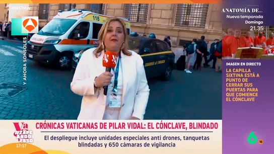 Pilar Vidal, 'enamorada' de la policía del Vaticano: "Los cardenales eligiendo papa y ella eligiendo papi chulo" La periodista ha vuelto al Vaticano para dar cobertura al cónclave de elección del nuevo papa. Pilar, de nuevo, ha protagonizado numerosos momentos muy divertidos gracias a sus ingeniosos comentarios durante sus conexiones.