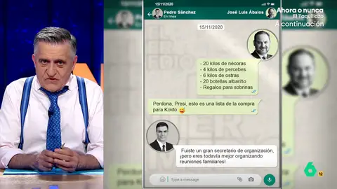 Wyoming, sobre los whatsapps de Sánchez y Ábalos: "Dicen que es antiespañol y no hay nada más español que rajar de tus compañeros" "Otro lunes horribilis para Sánchez: de los creadores de 'Adiós luz' y 'Adiós trenes' llega 'Adiós barones por tocarme los coj....'", comenta Wyoming tras la filtración de los mensajes privados entre el presidente y Ábalos.
