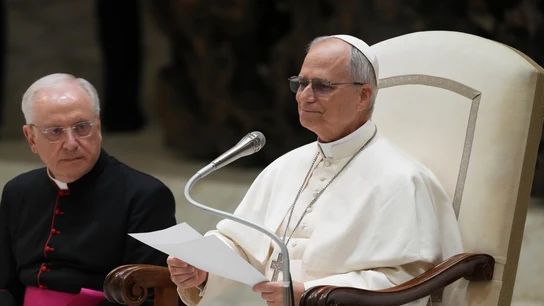 El papa León XIV en su primera audiencia multitudinaria en el aula Pablo El papa León XIV en su primera audiencia multitudinaria en el aula Pablo