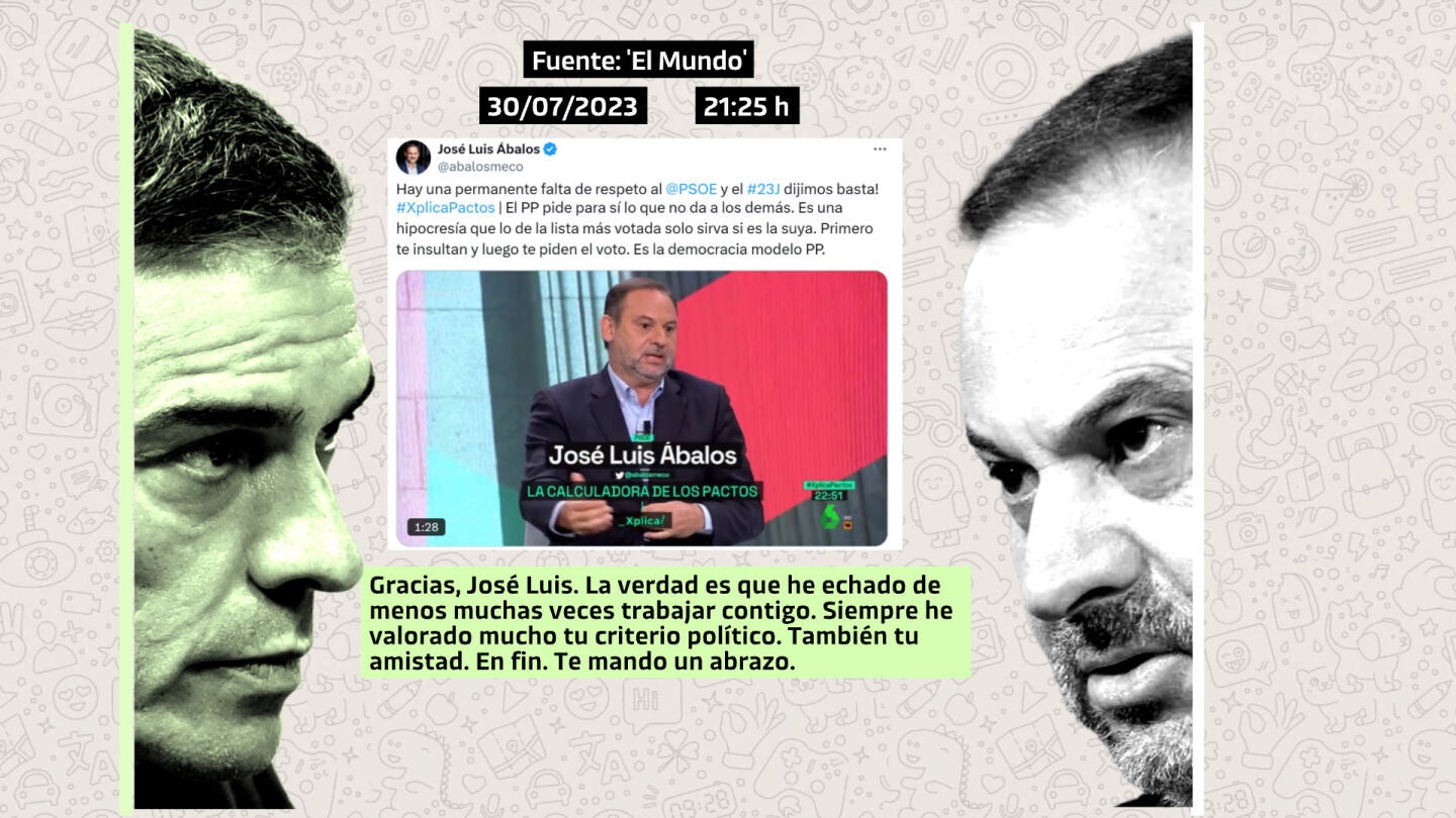 Los whatsapps de Sánchez a Ábalos que revelan su estrecha relación tras sustituirlo: "He echado de menos muchas veces trabajar contigo, también tu amistad"