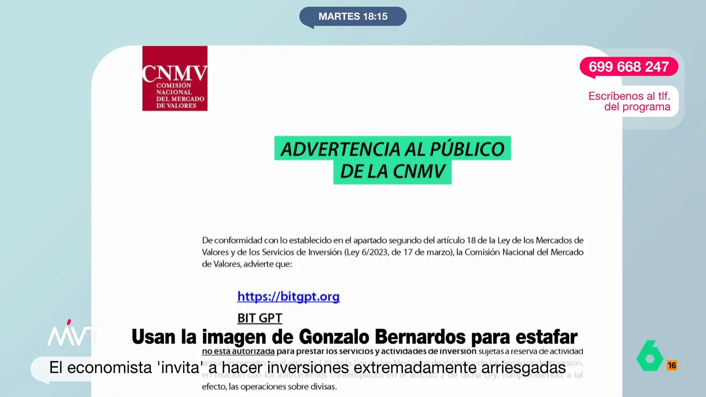 La CNMV ya advirtió de la empresa 'fake' que usa la imagen de Gonzalo Bernados para estafar Más Vale Tarde contacta con la empresa detrás de la estafa que usa la imagen de Gonzalo Bernardos. Asegura que todo está regulado por la CNMV, pero es falso. La Comisión Nacional del Mercado de Valores ya advirtió sobre ella.