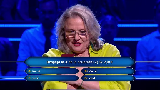 Una ecuación de primer grado pone contra las cuerdas a una concursante de ¿Quién quiere ser millonario?: "2(3x-2)=8" Una ecuación de primer grado pone contra las cuerdas a una concursante de ¿Quién quiere ser millonario?: "2(3x-2)=8"