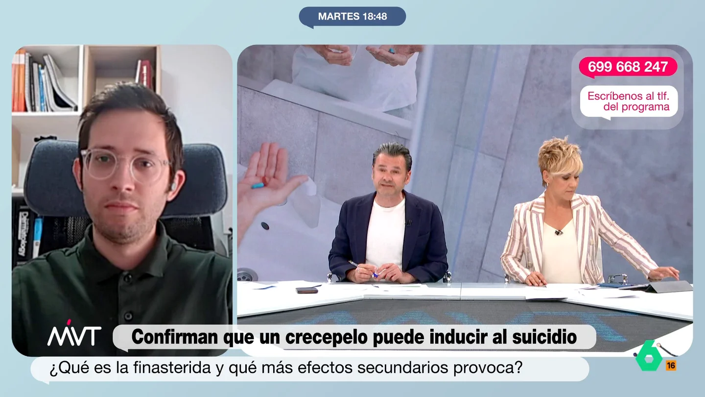 Óscar Muñoz, tricólogo, sobre el crecepelo que puede inducir al suicidio: "Es muy raro que se de este problema" El dermatólogo lanza un mensaje tranquilizador en el programa, indicando que, para que se de este efecto secundario, el paciente debe reunir una serie de características concretas.