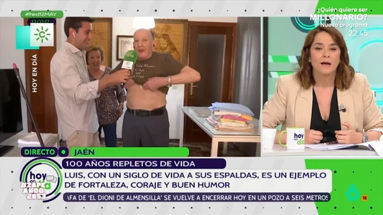 Toñi Moreno le pide a un hombre de 100 años que se quite la camiseta: "Si hace eso, qué no hará en una despedida de soltero" 'Hoy en día' entrevistaba a Luis, un hombre de 100 años en pleno estado de forma. Por ello, Toñi Moreno no dudaba en pedirle que le enseñara los pectorales. La reacción de Maya Pixelskaya, en este vídeo.