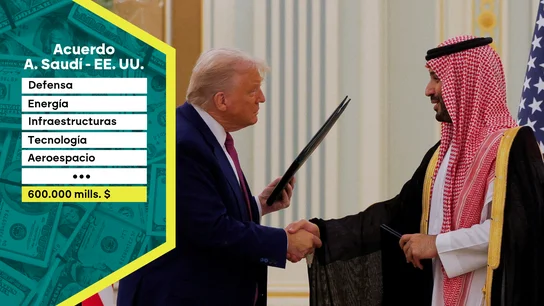 Trump cierra con Arabia Saudí "el mayor acuerdo comercial de la historia" en defensa por valor de 127.000 millones de euros. Trump cierra con Arabia Saudí "el mayor acuerdo comercial de la historia" en defensa por valor de 127.000 millones de euros.