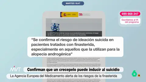 La Agencia Europea del Medicamento alerta de los riesgos de la finasterida, un crecepelo que puede inducir al suicidio Las agencias del medicamento de España, Europa y Estados Unidos advierten que la finasterida, un medicamento que se usa para tratar la alopecia, podría provocar trastornos generados con la depresión e incluso provocar pensamientos suicidas.
