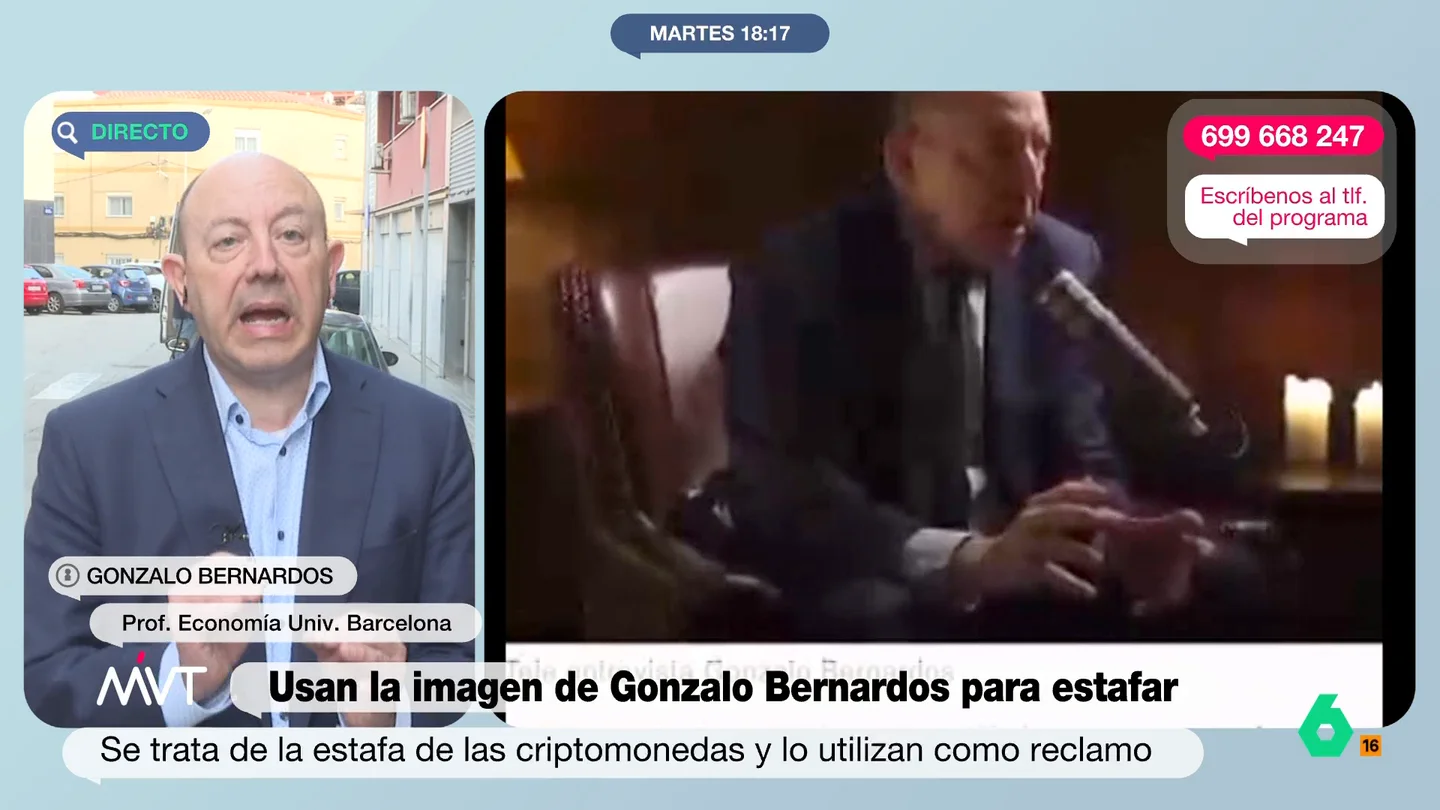 MVT contacta con los presuntos estafadores que usan la imagen de Gonzalo Bernardos: "Por estafas, no te preocupes..." Una teleoperadora de esta empresa ha explicado que, por ejemplo con una inversión de 250 euros es posible ganar hasta 2.000 euros. El economista advierte que "invirtiendo uno no se hace millonario ni deja de trabajar".