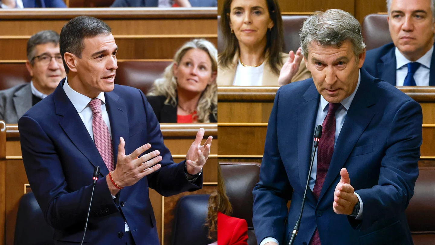 El presidente del Gobierno, Pedro Sánchez, y el líder del PP, Alberto Núñez Feijóo, en sendas imágenes de la sesión de control al Gobierno en el Congreso El presidente del Gobierno, Pedro Sánchez, y el líder del PP, Alberto Núñez Feijóo, en sendas imágenes de la sesión de control al Gobierno en el Congreso