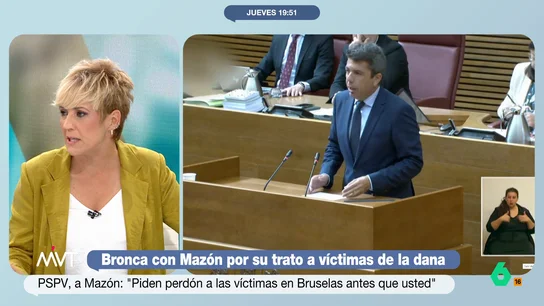 Cristina Pardo, sobre Mazón: "¿Qué asesor le habrá dicho que mostrar tan poca humanidad políticamente es interesante?" Carlos Mazón protagonizaba una nueva bronca en Les Corts y ni se inmutaba ante la reprimenda del PSPV por no pedir perdón a las víctimas. "No parece que se le caiga la cara de vergüenza", comenta Marina Valdés.