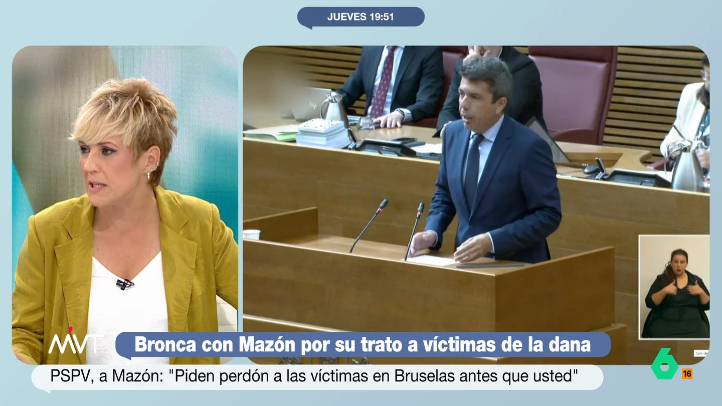 Cristina Pardo, sobre Mazón: "¿Qué asesor le habrá dicho que mostrar tan poca humanidad políticamente es interesante?" Carlos Mazón protagonizaba una nueva bronca en Les Corts y ni se inmutaba ante la reprimenda del PSPV por no pedir perdón a las víctimas. "No parece que se le caiga la cara de vergüenza", comenta Marina Valdés.