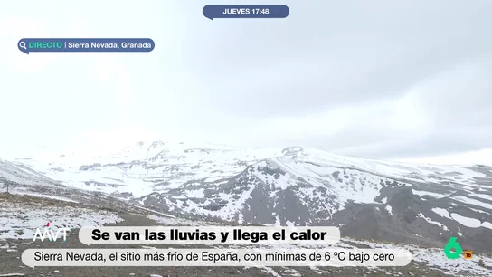 Sierra Nevada, el sitio más frío de España, con mínima de seis grados bajo cero en pleno mes de mayo Desde Sierra Nevada, donde a 15 de mayo ha vuelto a producirse una importante nevada, Cecilia Cano muestra el manto blanco que ha quedado e informa de que esta noche se registrarán mínimas bajo cero.