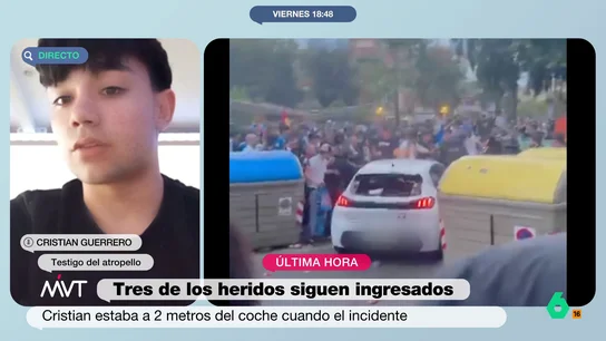 Cristian Guerrero, testigo del atropello en Cornellá: "Vivimos caos, miedo, queríamos salir de allí" El joven explica que se vivieron momentos de "descontrol total" despues del atropello múltiple. Cristian considera que, en días de partido, debería cortarse la circulación en la zona al menos 30 minutos antes para evitar que "pasen estas cosas".