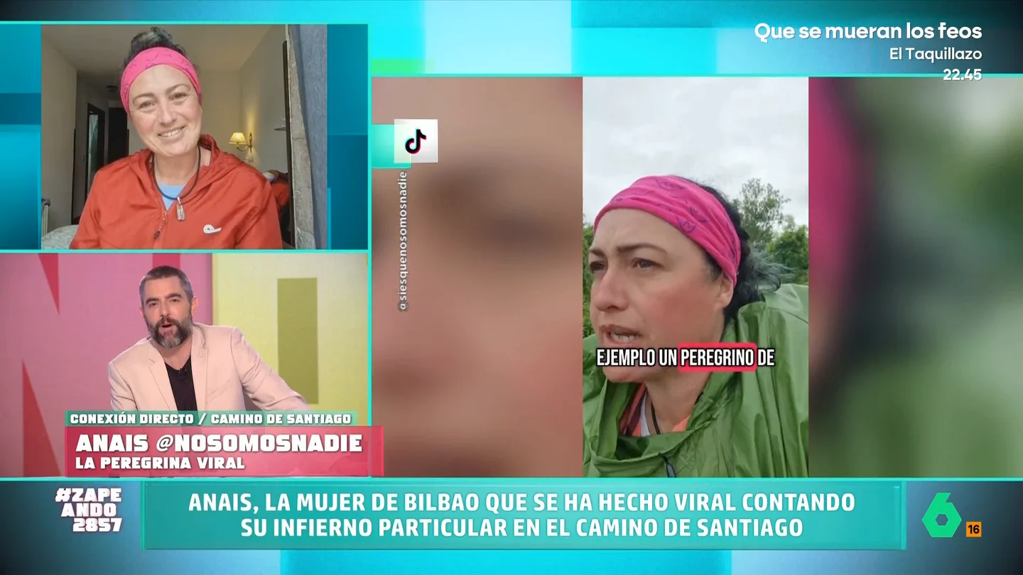 Anais, la peregrina que se ha hecho viral en el Camino de Santiago: "Lo he hecho catorce veces y este es el más loco" Zapeando mantiene una divertida conversación con Anais, una mujer de Bilbao que se ha hecho viral con sus aventuras en el Camino de Santiago. Desmiente el tópico de que se liga: "Después de andar 30 kilómetros hoy no me tocan ni con un palo".