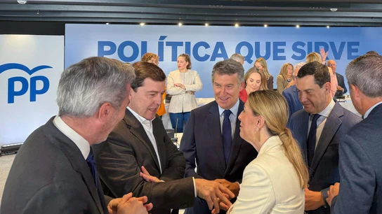 El presidente del PP de Castilla y León, Alfonso Fernández Mañueco, junto a Alberto Núñez Feijóo, y el andaluz Juanma Moreno, en una imagen de archivo. El presidente del PP de Castilla y León, Alfonso Fernández Mañueco, junto a Alberto Núñez Feijóo, y el andaluz Juanma Moreno, en una imagen de archivo.