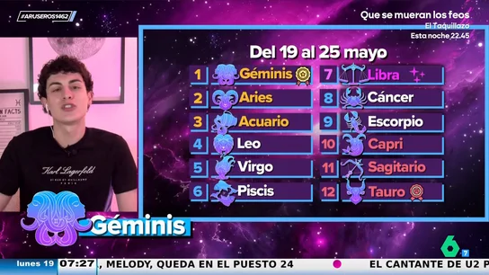 Horóscopo semanal de Aruser@s del 19 al 25 de mayo: favorable para Géminis, Aries y Acuario Horóscopo semanal de Aruser@s del 19 al 25 de mayo: favorable para Géminis, Aries y Acuario